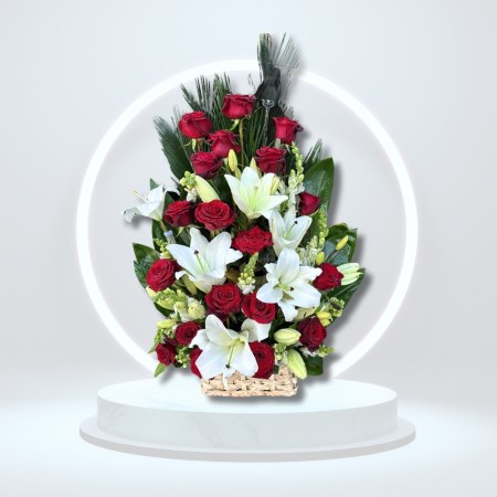 Vibrant Red Roses and White Lilies Display